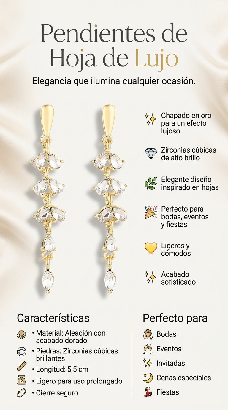 Pendientes Hoja Dorados con Circonitas | Baño de Oro 18K