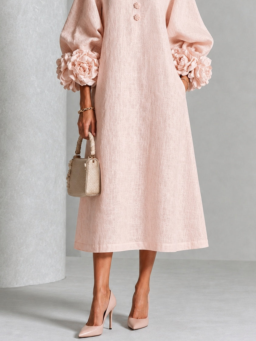 FLORECER - Vestido midi rosa con botones frontales y puños florales llamativos