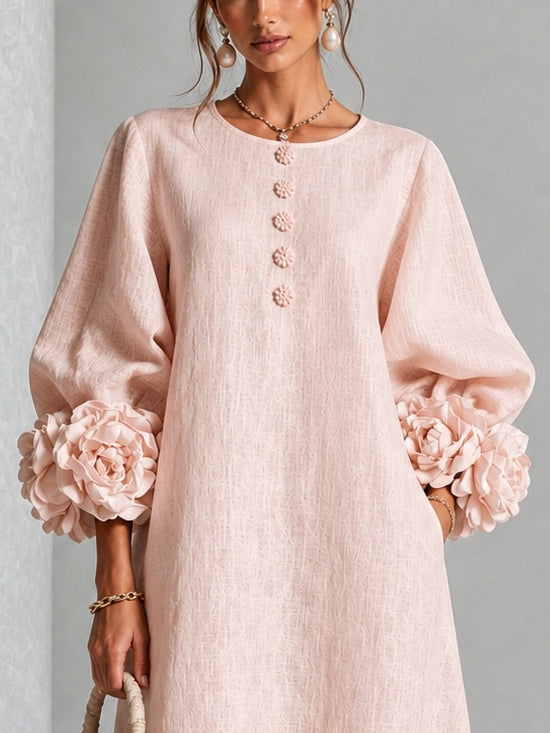 FLORECER - Vestido midi rosa con botones frontales y puños florales llamativos