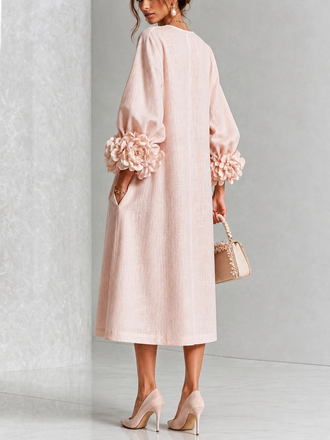 FLORECER - Vestido midi rosa con botones frontales y puños florales llamativos