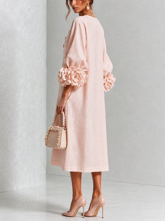 FLORECER - Vestido midi rosa con botones frontales y puños florales llamativos